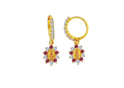 Two Tone Plated Red CZ Virgin Mary Earring